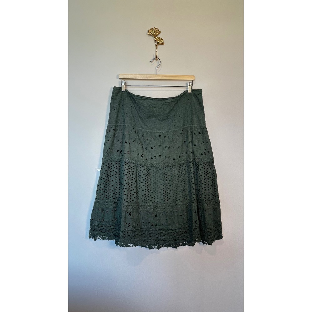 Chico's Eyelet Midi Skirt Womens 2 Green Cotton Tiered Boho Garden Peasant - Picture 2 of 9